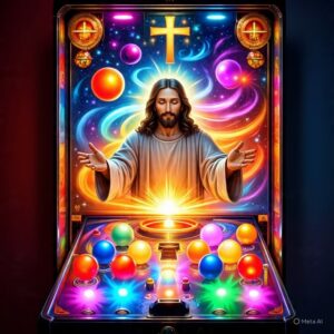 Illustration of Jesus with open arms emerging from a glowing pinball machine, surrounded by cosmic light, colorful spheres, and a radiant cross above, symbolizing consciousness, grace, and the interplay of chance and faith.
